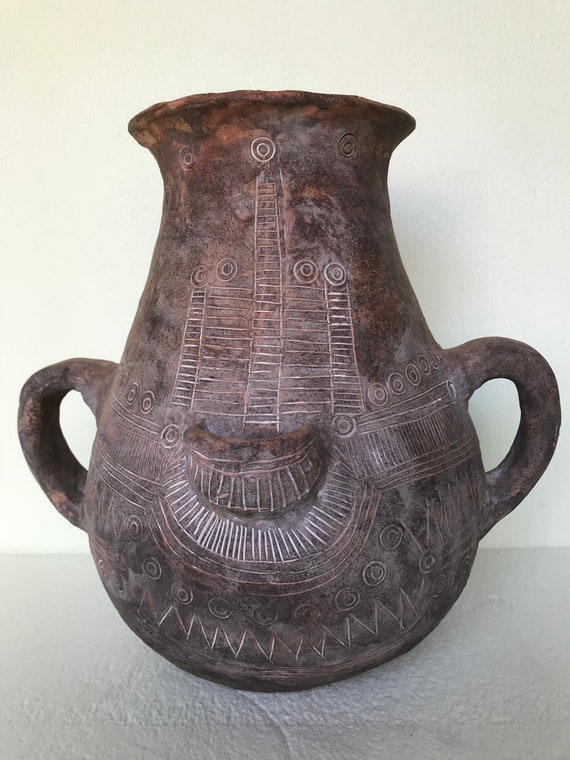 Unique 4 Handled Egyptian Reproduction Very Rustic Ceramic Pottery