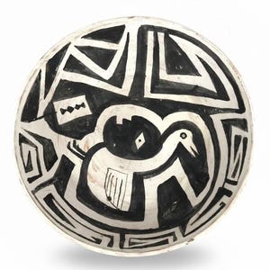 Mimbreskultur, mannen och tranan, Konstnärlig keramik, Mogollonkultur, Dödad keramik, Dekorativ skål, Keramik från New Mexico, Rustik skål