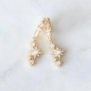 Gold Pink Opal Star Huggie Earrings - Celestial Huggie Earrings, Gold Starburst Earrings, Stacking Earrings, Symbolic Jewelry, Gift for Her