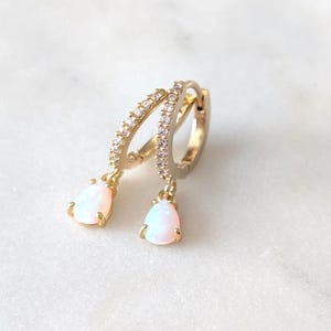 Gold Opal Huggie Hoop Earrings - Gold Opal Huggie Hoops, Stacking Earrings, Gold Drop Earrings, Dainty Everyday Jewelry, Birthday Gift