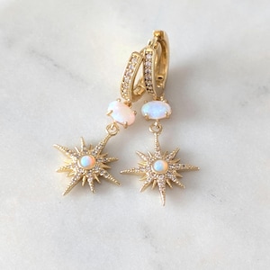 Gold North Star Opal Huggie Earrings - Gold Huggie, Stacking Earrings, Celestial CZ Starburst Hoops, Birthday Gift, Gift for Mom, Friend