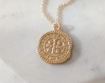 Gold Coin Necklace – Saint Benedict Coin Pendant, Catholic Protection Necklace, Gold Layering Necklace, Religious Necklace, Gift for Her