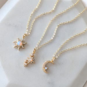 Moon Sun and Star Necklace Set – Gold Opal Celestial Jewelry, Friendship Jewelry, Three Gold Necklace Set, Mother Daughter Necklace Set