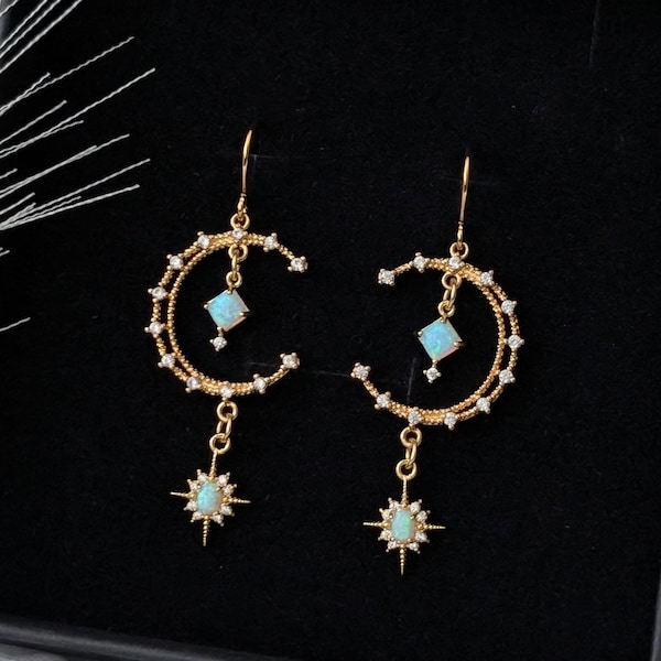 Gold Opal Moon Earrings - Celestial Dangle Earrings, Gold Boho Earrings, Gold Crescent Moon Drop Earrings, Birthday Gift, Gift for Mom