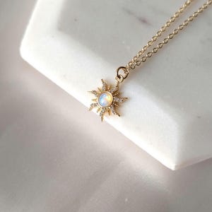 Gold Opal Sun Necklace - Celestial Pendant, Gold Sunburst Sunray Charm, Dainty Layering Necklace, Birthday Gift, Gift for Best Friend