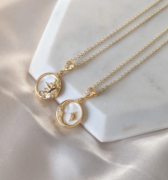 Sun and Moon Necklace Set – Gold Celestial Jewelry, Friendship Necklaces, Matching Necklaces, Mother Daughter Necklace Set, Mothers Day Gift