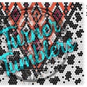 Puede incluir: Patrón geométrico en blanco y negro con el texto "Turner Tumblers" en azul turquesa.