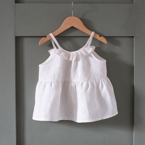 White Linen Girls Blouse: Ruffle Neckline, Summer Top