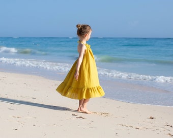 Gelbes Mädchenkleid, Mädchenkleid aus Leinen, Mädchenkleid mit offenem Rücken, Leinenkleid für Kleinkinder