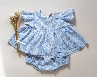 Gils cotton set, toddler cotton set, girls blouse, blue girls set, ruffle girls top