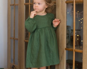 Linen girls dress, green girls dress , linen vintage dress, babygirl dress, natural dress