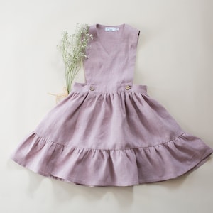 Linen Toddler Pinafore Dress: Pink Ruffle Girls Dress