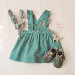Linen Girls Pinafore: Forest Green Toddler Skirt