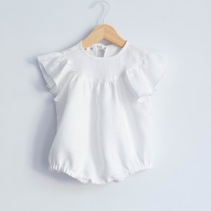 Linen Flutter Romper, Tie Back Bubble Playsuit, Ruffle girls romper, bubble romper, toddler romper, blush girls romper
