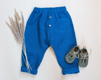 Pantalones de lino azul y algodón orgánico para niños: Pantalones para niños pequeños