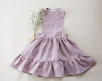 Linen Toddler Pinafore Dress: Pink Ruffle Girls Dress