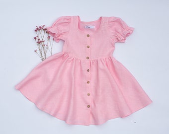 Pink girls dress, linen girls dress, puff sleeve dress, toddler linen dress, baby pink dress