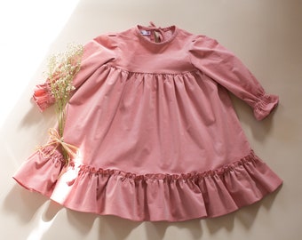 Mädchenkleid aus Baumwolle, Baumwollkleid für Kleinkinder, Cordkleid, rosa Mädchenkleid