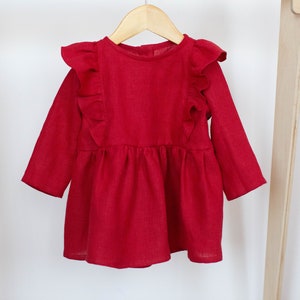 Red Linen Girls Dress: Ruffle Shoulder Party Dress