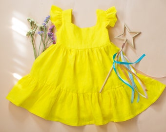Leinen Mädchen Kleid, Baby Leinen Kleid, Baby Mädchen Kleid, Kleinkind Kleid, gelbes Kleid