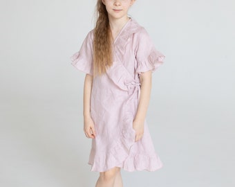 Robe rose pour fille, robe en lin pour fille, robe à manches bouffantes, robe en lin pour tout-petit, robe rose bébé
