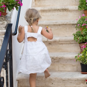 Linen Girls Dress: White Summer Dress with Bow