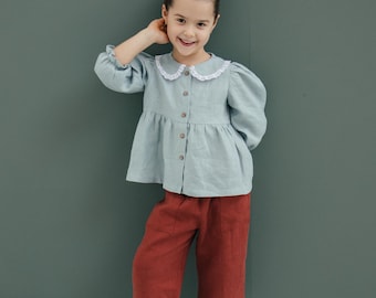 Linen girls blouse, Peter pan collar blouse, natural girls blouse, toddler linen top, girls top