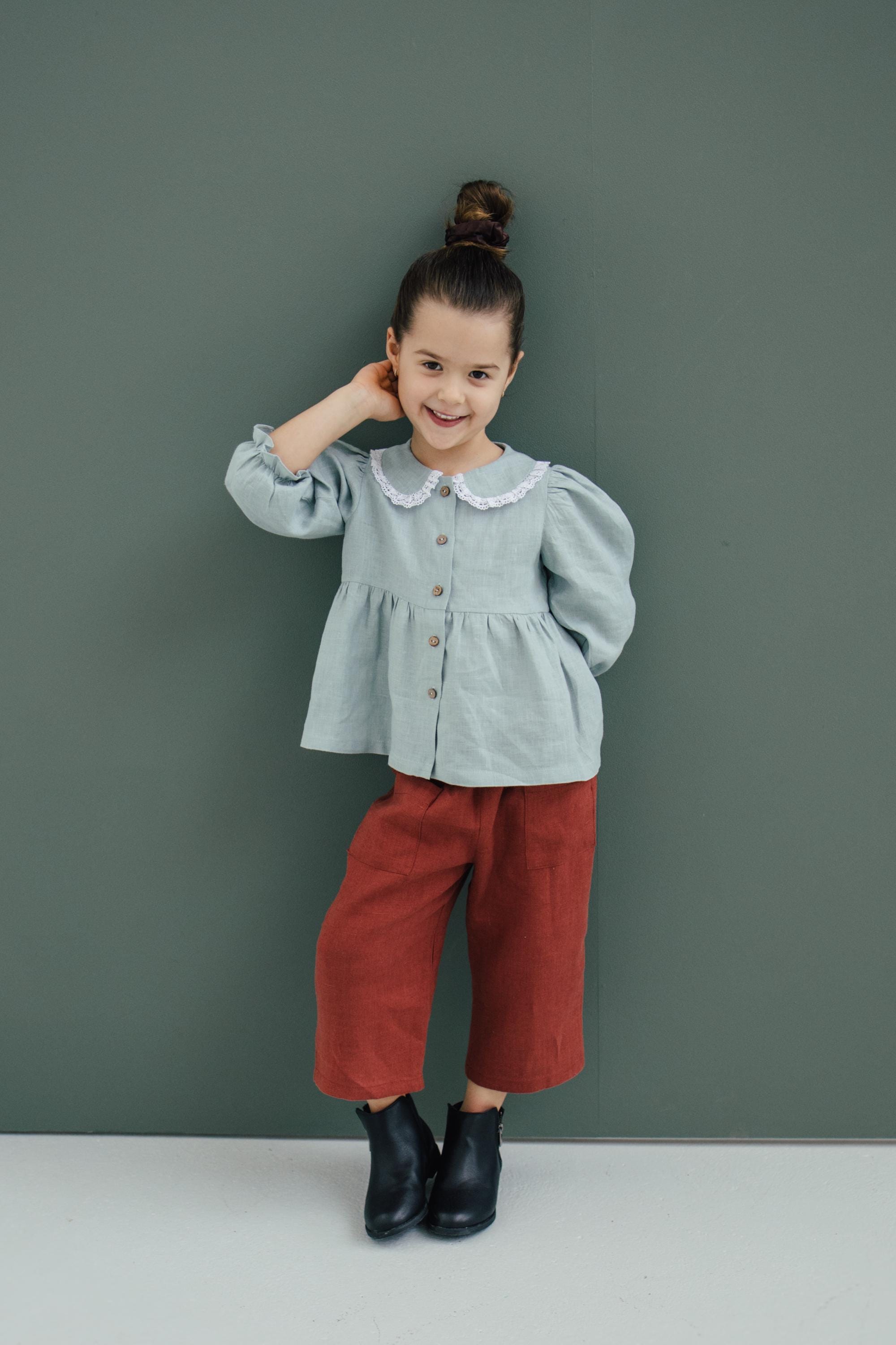 Linen girls blouse, Peter pan collar blouse, natural girls blouse, toddler linen top, girls top