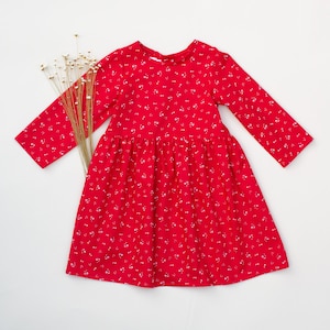 Red Cotton Girls Dress: Gathered Waist, Button Closure