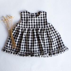 Linen Gingham Baby Blouse: Ruffle Hem Toddler Top