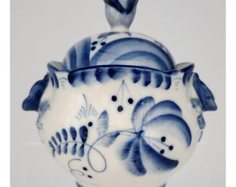 Gzhel Suikerpot Russisch porselein blauw witte pot met bloemen deksel rozen handgrepen Exc