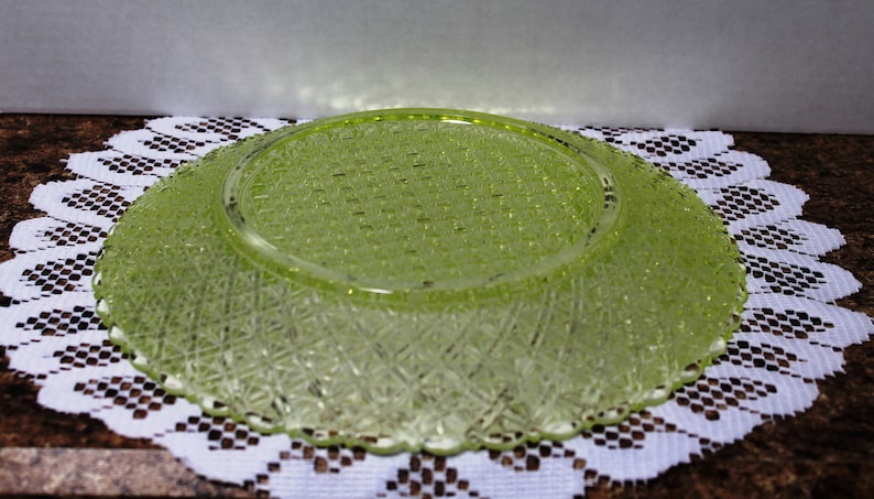 EAPG Yellow Vaseline Glass Diamond Point 10 12 Plate by Bryce Bros.