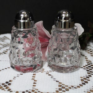Vintage Fostoria American Clear Stem 2056 Salt and Pepper Shakers with Chrome Lids Cube Motif