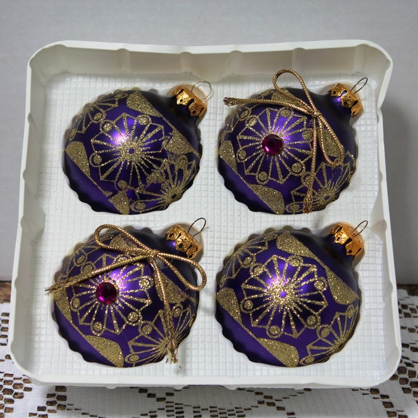 Vintage Christmas by Krebs Glass Ornaments Set of 4 Round Purple with Gold Accents   #19