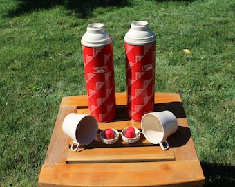 Thermos Brand Seeley Red Tartan Picnic Set 2 Thermos Bottles with Lids and Cups, A Sandwich Box, and the Original Plaid Tote Vintage