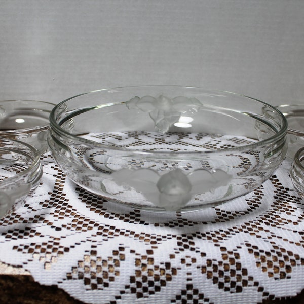 Vintage Mikasa Crystal Serving Bowl and 4 Berry/Fruit/Dessert Bowls w/Satin Rosebud Handles by Walther Kristallglas