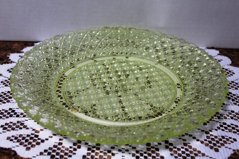 EAPG Yellow Vaseline Glass Diamond Point 10 12 Plate by Bryce Bros.