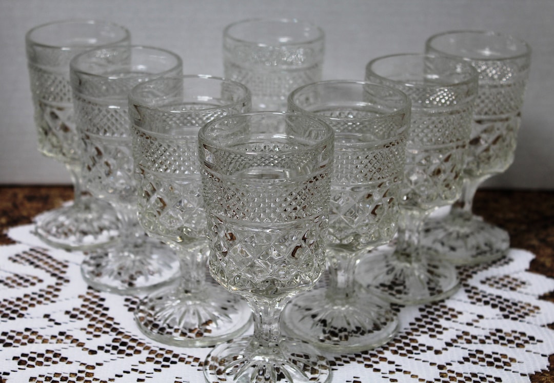 Vintage Wexford Wine Glasses Clear Diamond Point Pattern Stemware by