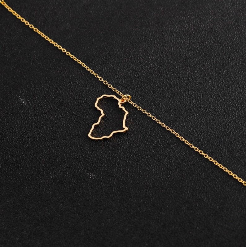 May include: A gold chain necklace with a pendant shaped like the outline of the continent of Africa.