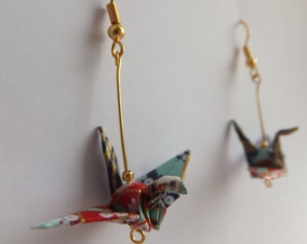 Origami Handmade Blue Crane Earrings - Gold Plated findings - Japanese Paper