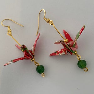 Origami Handmade Pink Crane Earrings-Gold Plated with jade beads