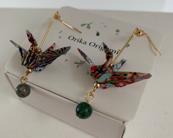 Vintage Earrings 30s Harlequin Glass Beads Bird Earrings Origami Earrings