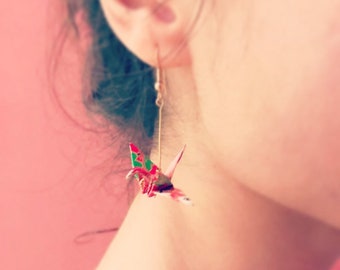 Origami Handmade Pink Crane Dangle Earrings-Gold Plated