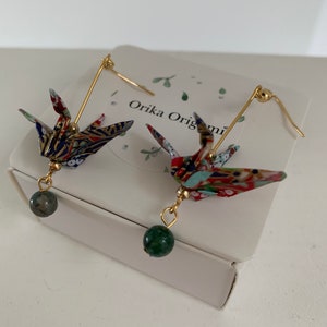 Origami Handmade Blue And Red  Dangle Crane Earrings with dark green jade beads