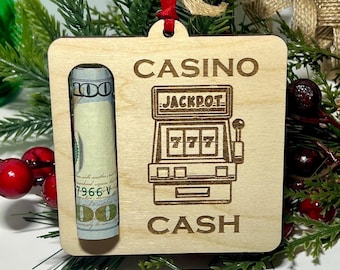 Casino Money Holder Ornament, Engraved Wooden Gift Tag