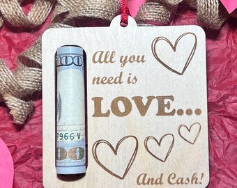 All you need is Love and cash Valentine's Day money holder, Date Night, Cash holder, Cute Valentine's Day Gift, Gift for her.