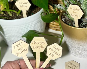 Set of 6 Funny Hexagonal Wooden Plant Stakes, Plant Markers, House Plant Decor, Plant Accessories, Funny Plant Markers, Plant lover gift
