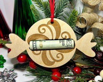 Ornement de découpe de bonbons en bois au laser et porte-monnaie, porte-cadeau en espèces, porte-monnaie de Noël, décoration de Noël, pince à billets, cadeau pour les enfants