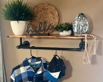 Closet Shelving with Industrial Pipe Hanger Rack, Entryway Shelf, Laundry Room Organization Shelf, Clothes Hanging Bar, Storage Shelf
