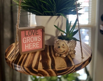 Round Wood Hanging Plant Shelf | Jute Cord, Burnt Finish